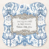 Elegant  Bloemen Blauw N Wit Zilveren Bruid Kartonnen Onderzetters (Voorkant)