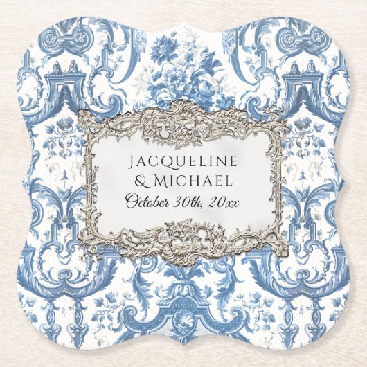 Elegant  Bloemen Blauw N Wit Zilveren Bruid Kartonnen Onderzetters (Voorkant)