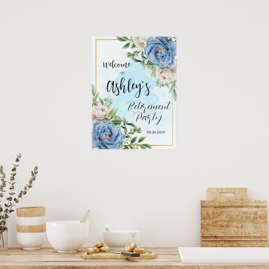 Elegant Bloemen Blauw Pensioen Partij Welkomstbord Poster (Keuken)