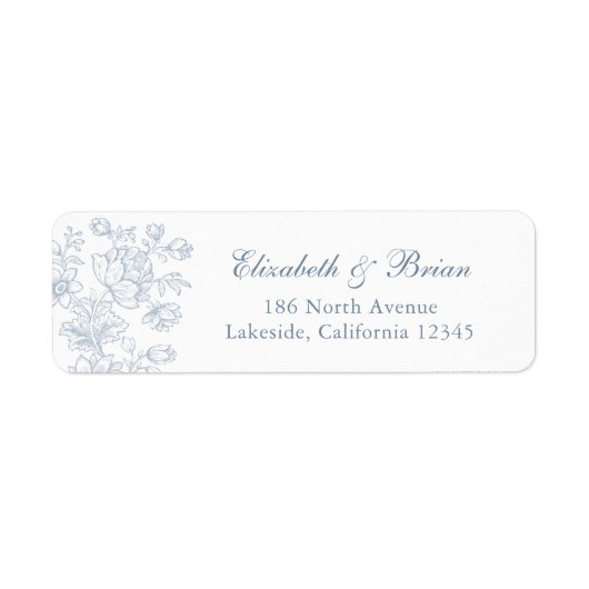 Elegant Bloemen Blauw Script Bruiloft Adres Etiket (Voorkant)