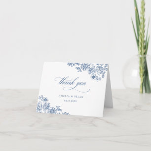 Elegant  Bloemen Blauw Script Bruiloft Bedankkaart