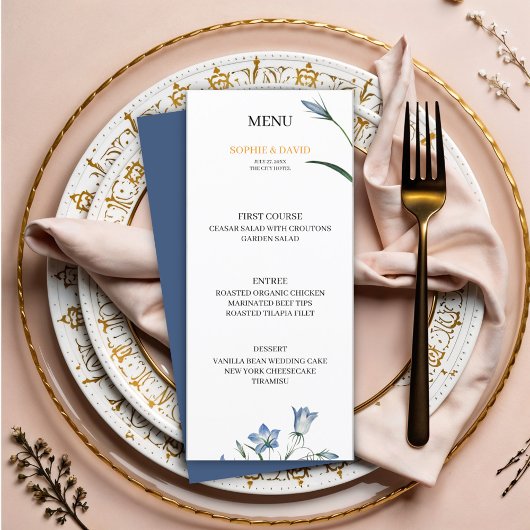 Elegant Bloemen Blauw Trouwmenu Menu