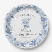 Elegant Bloemen Blauw Wit Welkom Baby Meisje Douch Papieren Bordje (Voorkant)