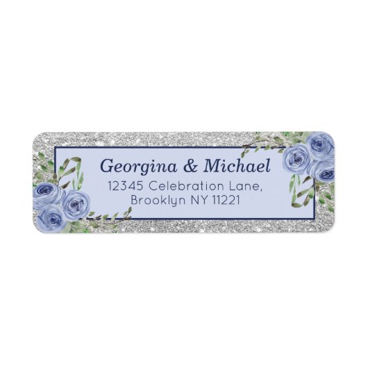 Elegant Bloemen Blauw Zilver Glitter Sparkle Retur Etiket (Voorkant)