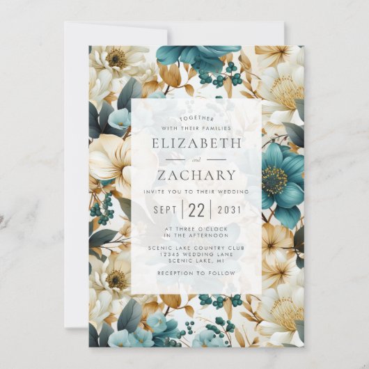 Elegant Bloemen Blauwgroen Ivoor Goud Bruiloft Kaart (Voorkant)