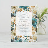 Elegant Bloemen Blauwgroen Ivoor Goud Bruiloft Kaart (Staand voorkant)