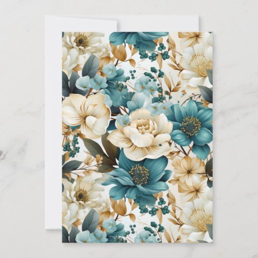Elegant Bloemen Blauwgroen Ivoor Goud Bruiloft Kaart (Achterkant)