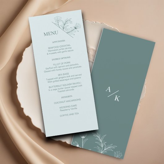 Elegant Bloemen Blauwgroen Trouwmenu Menu