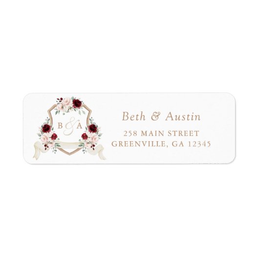 Elegant Bloemen Blush Bourgondië Crest Retouradres Etiket (Voorkant)