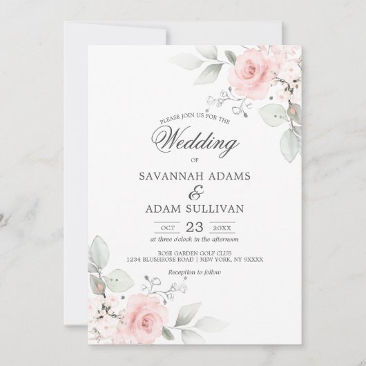 Elegant Bloemen Blush Roos Roze Botanisch Kaart (Voorkant)