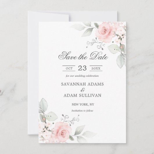 Elegant Bloemen Blush Roos Roze Botanisch Save The Date (Voorkant)
