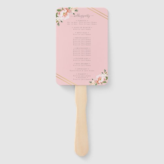 Elegant Bloemen Blush Roze Goud Bruiloft Programma Handwaaier (Achterkant)