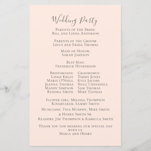 Elegant Bloemen Blush Rozen Eenvoudig Trouwprogram (Achterkant)