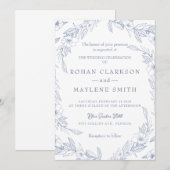 Elegant Bloemen Bord Blauw Bruiloft Uitnodiging (Voorkant / Achterkant)