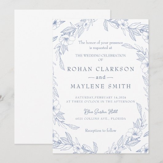 Elegant Bloemen Bord Blauw Bruiloft Uitnodiging (Voorkant / Achterkant)