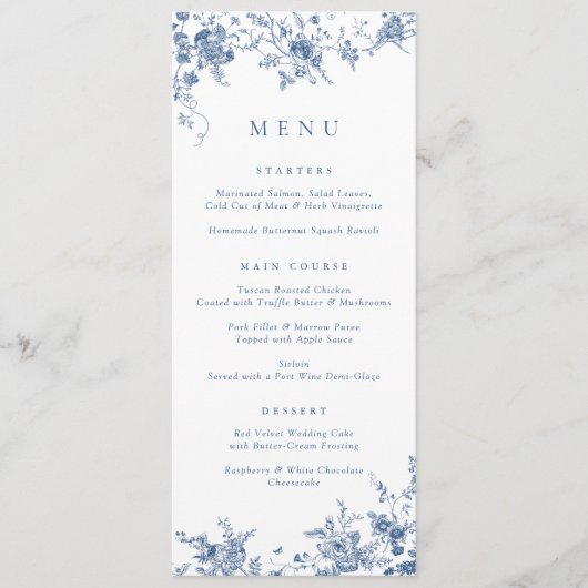 Elegant Bloemen Botanische Marine Blauw Menu (Voorkant)