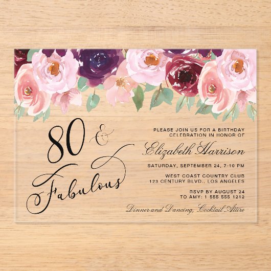 Elegant Bloemen Bourgogne Roze 80e Verjaardagsfees Acryl Uitnodigingen (Voorkant)