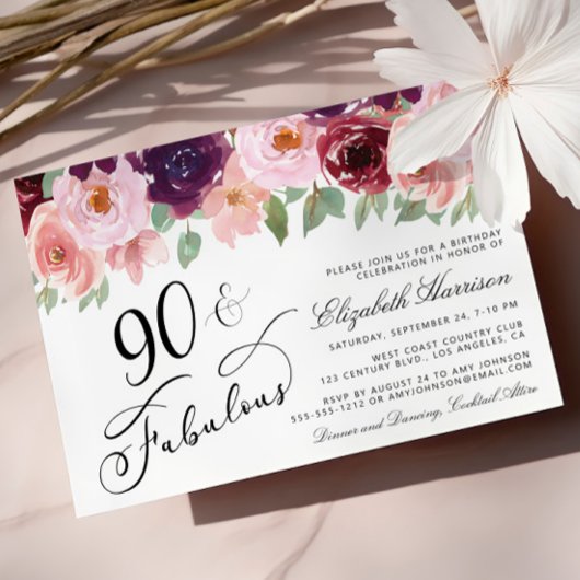 Elegant Bloemen Bourgogne Roze 90ste Verjaardagsfe Kaart