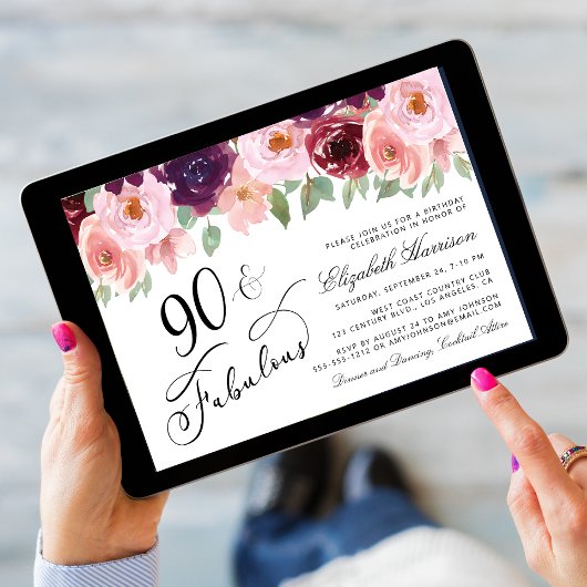 Elegant Bloemen Bourgogne Roze 90ste Verjaardagsfe Kaart