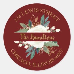 Elegant Bloemen Bourgondië Marsala Retouradres Ronde Sticker