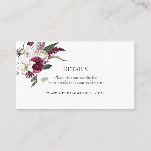 Elegant Bloemen Bourgondië Waterverf Bruiloft Informatiekaartje (Voorkant)