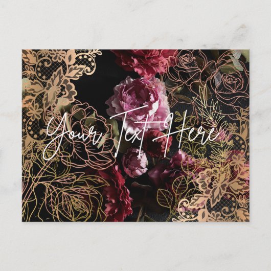 Elegant Bloemen Briefkaart Zwart Lederen Rozen Gou (Voorkant)