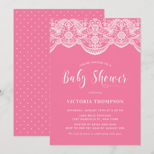 Elegant Bloemen Brocade Kant Roze Baby shower Kaart (Voorkant / Achterkant)