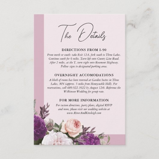 Elegant  Bloemen Bruiloft Detail / Routebeschrijvi Informatiekaartje (Voorkant)