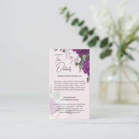 Elegant Bloemen Bruiloft Details Info Kaart Visitekaartje (Staand voorkant)