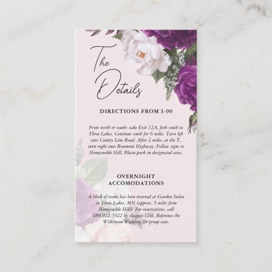 Elegant  Bloemen Bruiloft Details Info Kaart Visitekaartje (Voorkant)