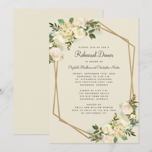 Elegant Bloemen Bruiloft Gouden Repetitie Diner Kaart (Voorkant / Achterkant)