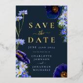 Elegant Bloemen Bruiloft Navy Blauw en Goud Folie Uitnodiging (Voorkant)