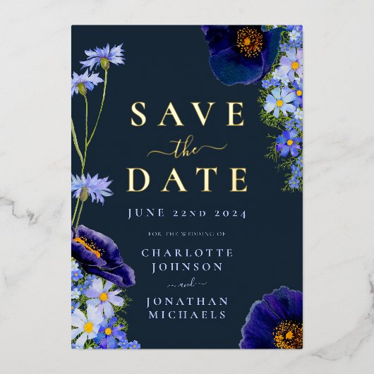 Elegant Bloemen Bruiloft Navy Blauw en Goud Folie Uitnodiging (Voorkant)