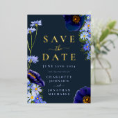 Elegant Bloemen Bruiloft Navy Blauw en Goud Folie Uitnodiging (Staand Voorkant)