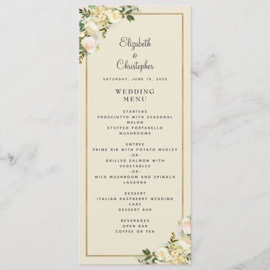 Elegant Bloemen Bruiloft Roos Goud Lijst Eierschaa Menu (Voorkant)