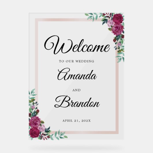 Elegant Bloemen Bruiloft Welkomstbord Acryl teken Acryl Bord (Voorkant)