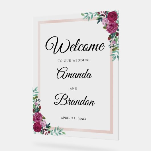 Elegant Bloemen Bruiloft Welkomstbord Acryl teken Acryl Bord (Hoek)