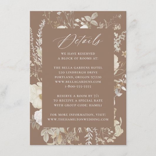 Elegant  Bloemen Bruin Bruiloft Details Informatiekaartje (Voorkant)