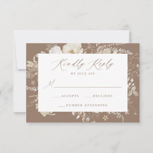 Elegant  Bloemen Bruin Bruiloft RSVP Kaartje (Voorkant)