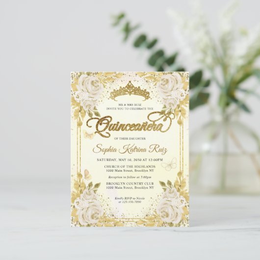Elegant Bloemen Champagne Gold Tiara Quinceañera Briefkaart (Staand voorkant)