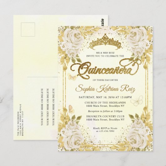 Elegant Bloemen Champagne Gold Tiara Quinceañera Briefkaart (Voorkant / Achterkant)