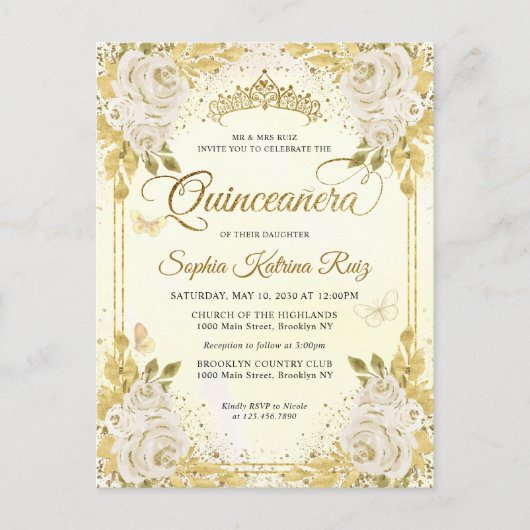 Elegant Bloemen Champagne Gold Tiara Quinceañera Briefkaart (Voorkant)