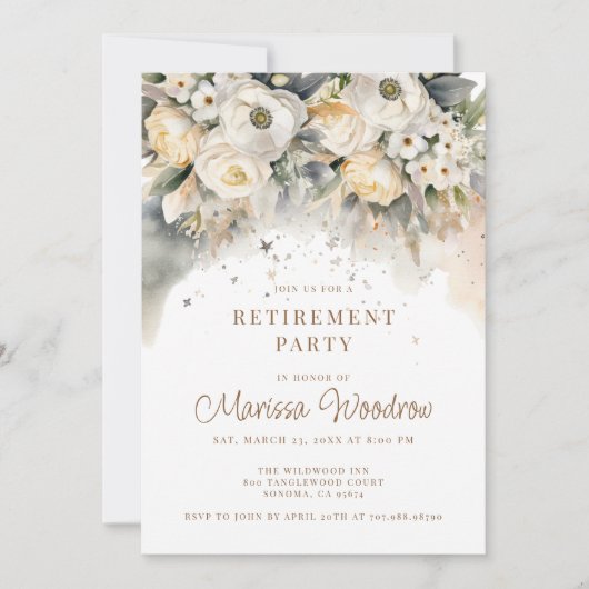 Elegant Bloemen Crème Goud Pensioen Party Kaart (Voorkant)