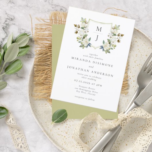 Elegant Bloemen Crest Groen Monogram Bruiloft Kaart