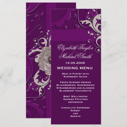 Elegant Bloemen Damast Paarse Bruiloft Menu (Voorkant / Achterkant)