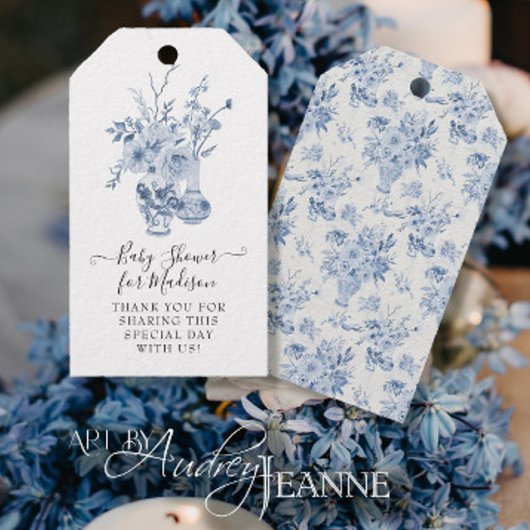 Elegant Bloemen Dank u Blauw Meisje Baby shower Cadeaulabel