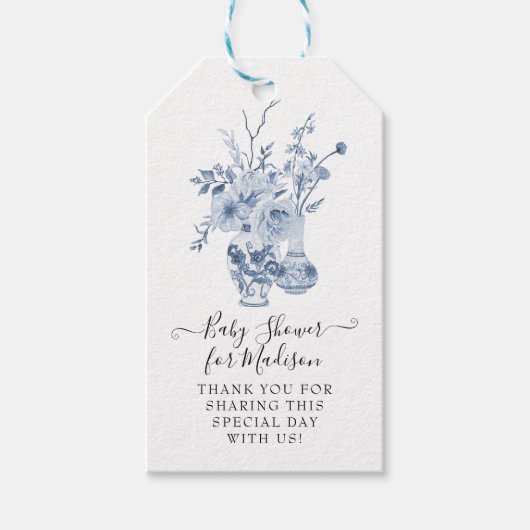 Elegant Bloemen Dank u Blauw Meisje Baby shower Cadeaulabel (Voorkant)
