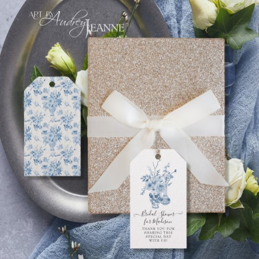 Elegant Bloemen Dank u Blauw Wit Vrijgezellenfeest Cadeaulabel