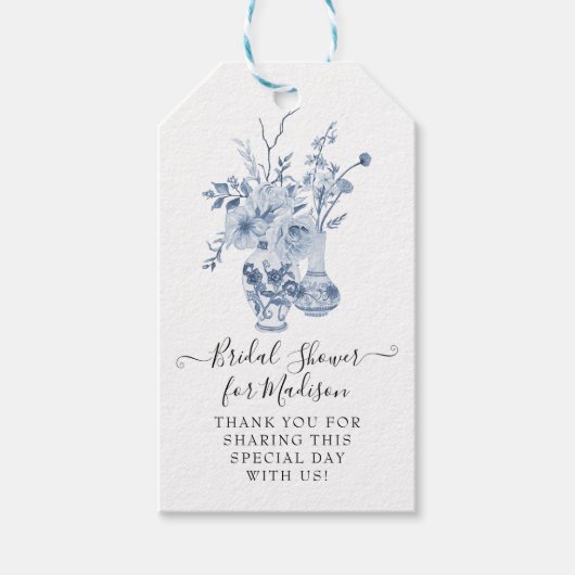 Elegant Bloemen Dank u Blauw Wit Vrijgezellenfeest Cadeaulabel (Voorkant)