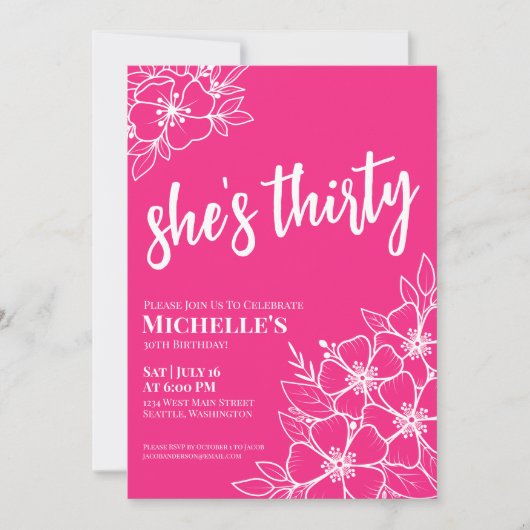 Elegant Bloemen Dertig Heet Roze 30ste Verjaardags Kaart (Voorkant)